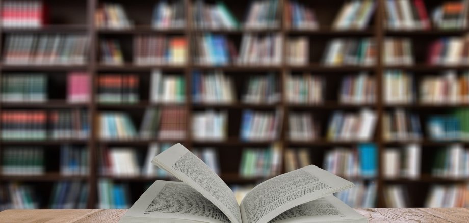Ein aufgeschlagenes Buch auf einem Tisch vor einem Bücherregal, das verschwommen im Hintergrund erkennbar ist.