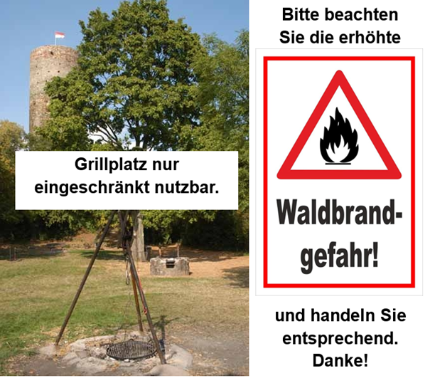 Grillplatz mit Schwenkgrill auf einer Wiese vor  Laubbäumen mit Blick auf die Burgruine Scharfenstein mit rot weißer Fahne auf dem Turm vor blauem Himmel. Danemeb ist ein rechteckiges Verkehrsschild mit rotem Rand und in der Mitte ein gezeichnetes Feuer in schwarz-weiß.