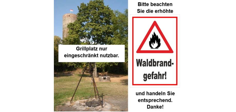 Grillplatz mit Schwenkgrill auf einer Wiese vor  Laubbäumen mit Blick auf die Burgruine Scharfenstein mit rot weißer Fahne auf dem Turm vor blauem Himmel. Danemeb ist ein rechteckiges Verkehrsschild mit rotem Rand und in der Mitte ein gezeichnetes Feuer in schwarz-weiß.