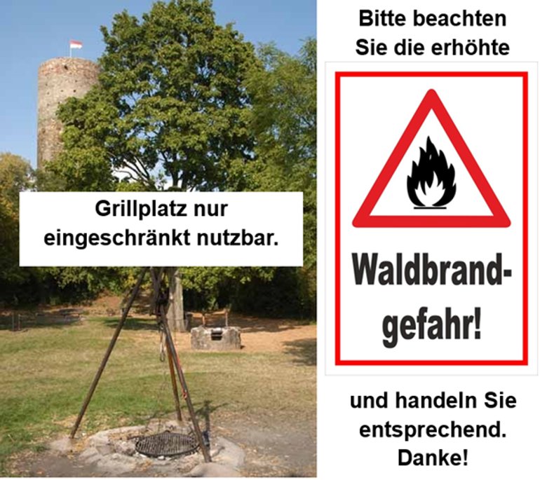 Grillplatz mit Schwenkgrill auf einer Wiese vor Laubbäumen mit Blick auf die Burgruine Scharfenstein mit rot weißer Fahne auf dem Turm vor blauem Himmel. Danemeb ist ein rechteckiges Verkehrsschild mit rotem Rand und in der Mitte ein gezeichnetes Feuer in schwarz-weiß.