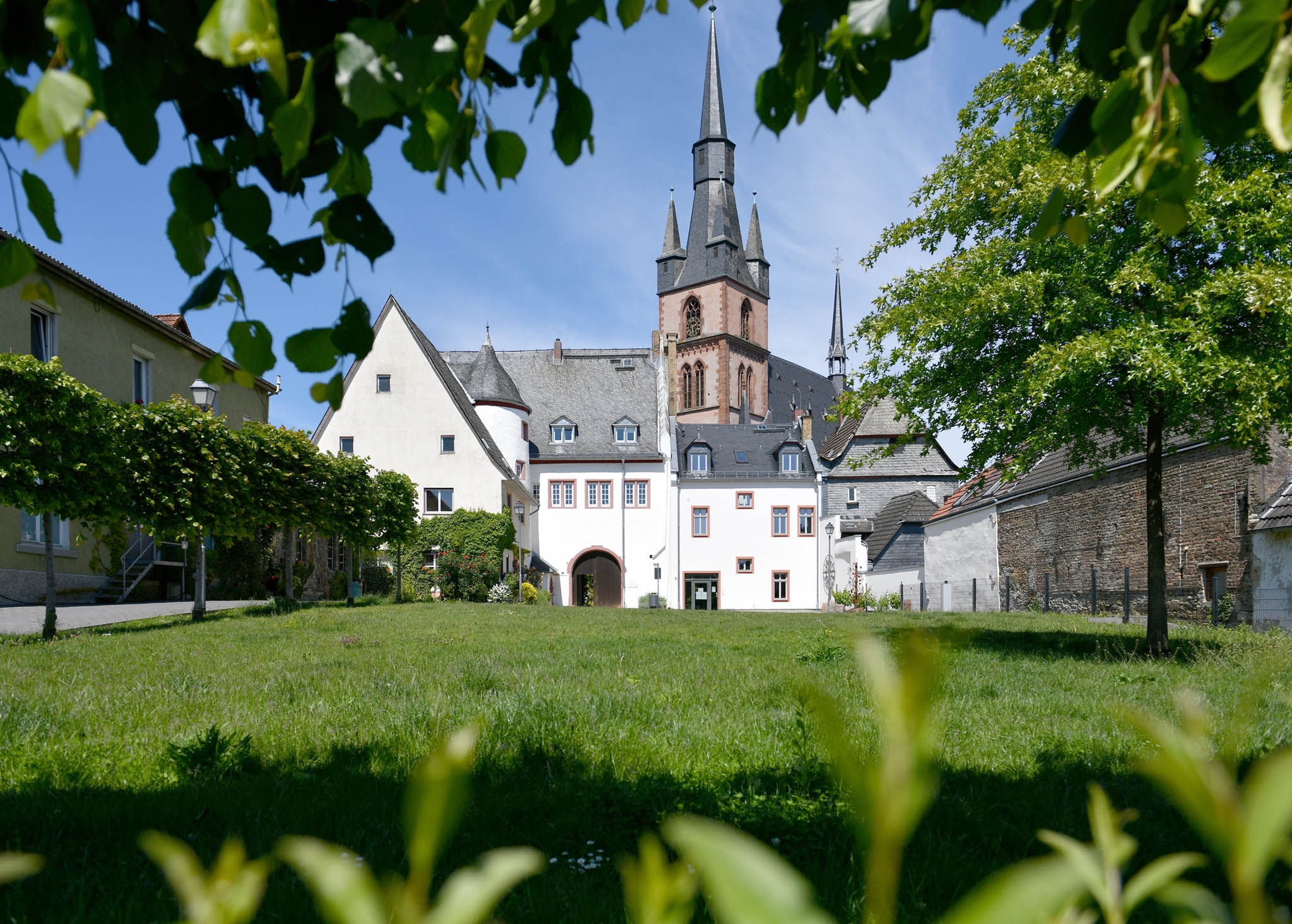Josef-Staab-Platz Kiedrich mit Wiese und Bäumen mit Blick auf das Kiedricher Rathaus und die Kirche St. Valentinus und Dionysius