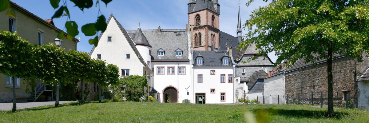 Josef-Staab-Platz Kiedrich mit Wiese und Bäumen mit Blick auf das Kiedricher Rathaus und die Kirche St. Valentinus und Dionysius