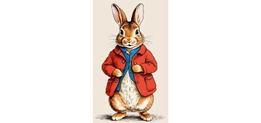 Gezeichnet wurde ein Hase, der aufrecht steht und hellbraun/beiges Fell hat. Er trägt ein blaues offenes Hemd und darüber eine rote offene Jacke. Die Vorderpfoten hat er an der roten Jacke, die zwei Taschen hat.