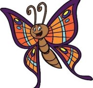 gezeichneter Schmetterling mit ausgebreiteten Flügeln mit Muster in lila, hellblau, orange und rot.