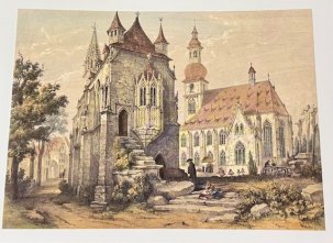 Eine bunte Zeichnung der Basilica minor und der Michaelskapelle mit grauen Steinen, roten Dachziegeln , den drei Kreuzen an der Seite mit Menschen am Kreuz und Bäumen links von der Michaelskapelle.