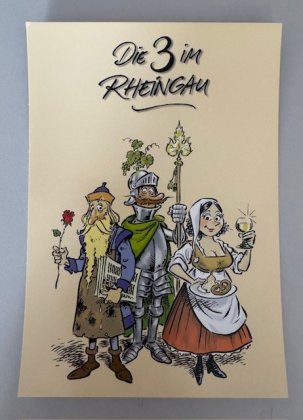Vor einem beigen Hintergrund stehen gezeichnet, Gutenberg mit bedruckten , einem langen weißem Bart, einer blau-braunen Mütze, einem blauem Mantel und braunem Gewand und einer Rose in der Hand. Daneben steht ein Ritter in seiner Rüstung und Trauben und Weinblätter auf dem Helm und Lanze mit Weinblatt in der Hand. Daneben steht eine Frau mit Dirndl, weißem Kopftuch, einem Teller mit Brezel und Spundekäse in der Hand und einem gefüllten Weinglas in der Hand.