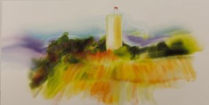 Aquarellgemälde, auf dem in gelb die Weinberge, in grün die Wälder und in lila und blau der Himmel angedeutet ist. In der Mitte ist die Burgruine Scharfenstein mit einer rot-weißen Fahne und kleinen rechteckigen Fenstern im Turm dargestellt.