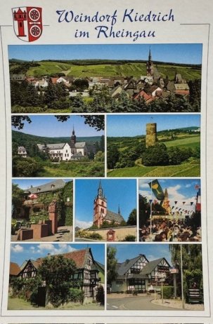 Postkarte mit acht Bildern, mit Kiedricher Sehenswuerdigkeiten, Fachwerkhäusern, der Burgruine Scharfenstein, dem Kloster Eberbach, der Dorfansicht und der Basilica minor. Oben links ist das Kiedricher Wappen in rot-weiß abgebildet. 