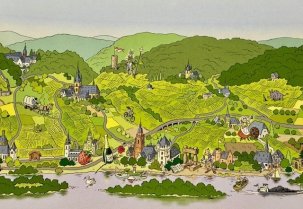 Postkarte mit gezeichneter Landschaft, dem Rhein, Auen, die Kirchen von Eltville, Erbach, Kiedrich, Martinstal, Hattenheim, die einzelnen Wahrzeichen der Orte, Weinberge, bewaldete Berge, Kloster Eberbach, eine Kutsche mit Planwagen, eine Erdbeere, Mountainbiker etc.