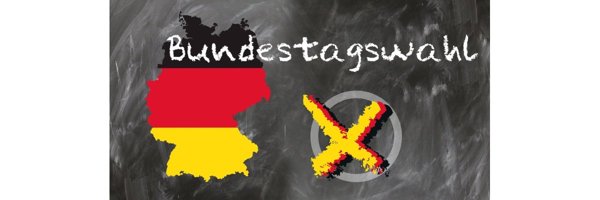 Grau gescheckerter HIntergrund mit Kreide gemalt das Wort Bundestagswahl und links die Umrisse von Deutschland und die Farben schwarz, rot, gold und rechts davon ein grauer Kreis mit einem Kreuz in den Farben schwarz, rot, gold.