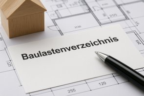 Auf einem Bauplan steht ein Haus aus Holz nd davor ein weißer Zettel mit dem Wort "Baulastenverzeichnis", auf dem ein schwarzer Kuli liegt.