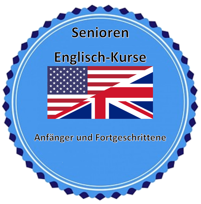 Ein blauer Kreis mit hell- und dunkelblauen Zahnrädern und zwei weißen Kreisen, hat eine Fahne in der Mitte. Der linke Teil zeigt die amerikanische Fahne mit weiß-roten Streifen und weißen Sternen auf blauem Untergrund in einem Viereck. Der rechte Teil der Fahne zeigt die Fahne aus Großbritannien mit den roten und weißen Streifen auf blauem Untergrund. Im Kreis wird Werbung für Senioren-Englisch-Kurse für Anfänger und Fortgeschritttene gemacht.