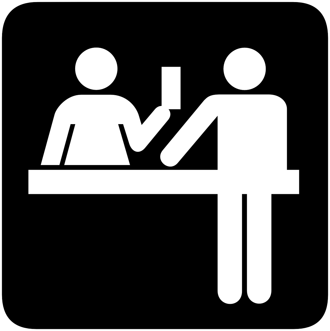 Es sind zwei Männchen gezeichnet. Links steht ein Oberkörper hinter einer Schreibtischplatte und hält einen Zettel in der linken Hand. Vor der Platte steht ein Männchen und stützt sich mit der linken Hand ab. Der Hintergrund ist schwarz.