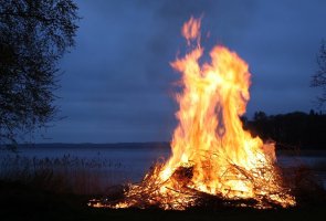 Vor einem dunklem Himmel und einem unbelaubten Baum brennt ein großes Feuer mit Ästen und im Hintergrund ist Schilf und ein See zu sehen.