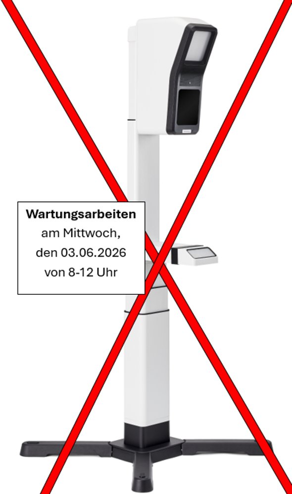 Foto eines Point ID zur Aufnahme von Bildern für den Personalausweis oder Reisepass, über dem zwei rote Balken und ein Textfeld mit einem Hinweistext sind.