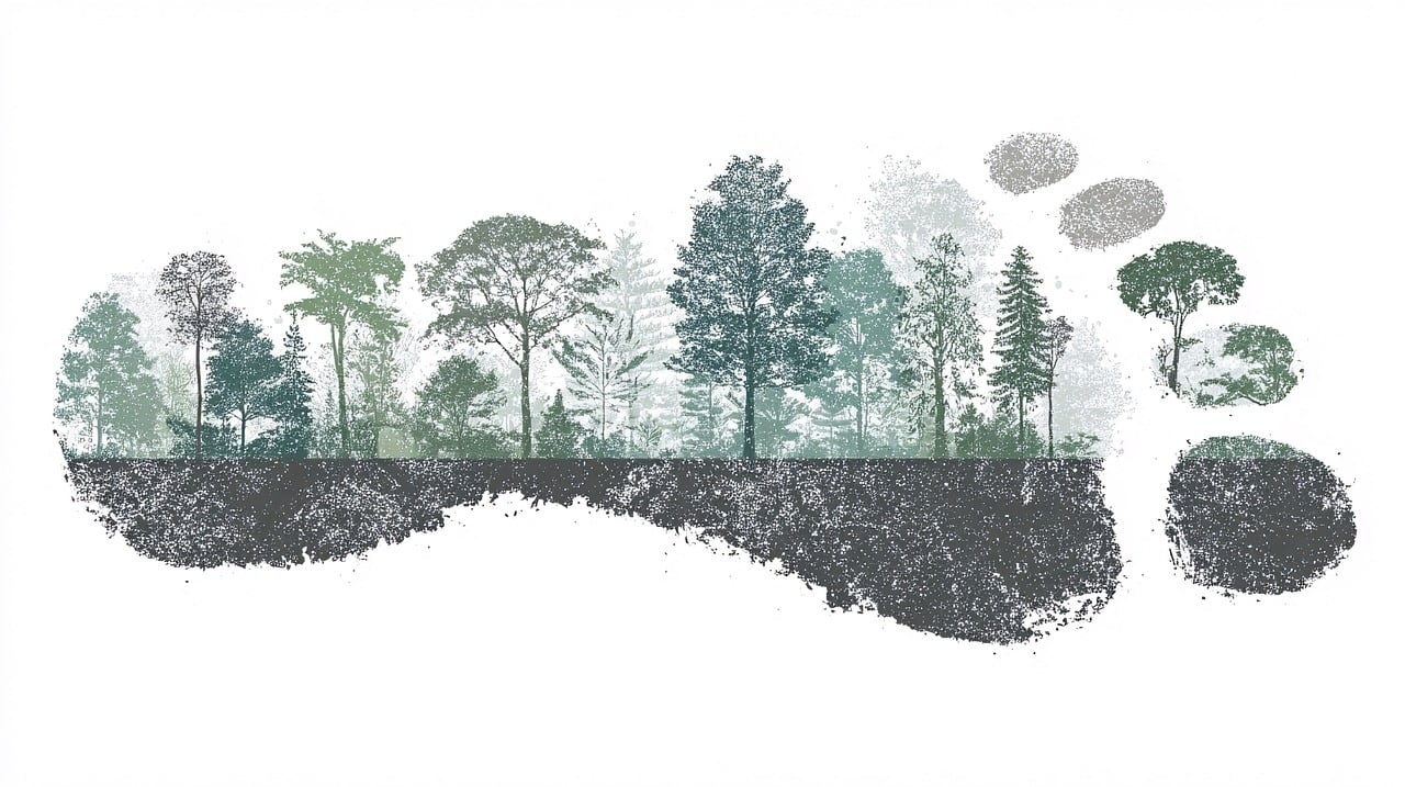 Dargestellt ist ein horizontal liegender Fußabdruck, der mit verschiedenene grünfarbig, gezeichneten Laub- und Nadelbäumen gefüllt ist.