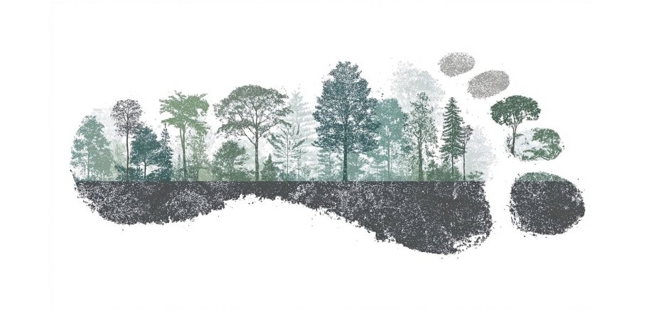 Dargestellt ist ein horizontal liegender Fußabdruck, der mit verschiedenene grünfarbig, gezeichneten Laub- und Nadelbäumen gefüllt ist.