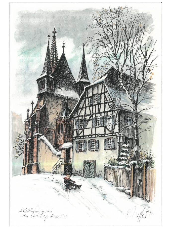 Eine Zeichnung mit einem Holzzaun, dahinter grüne Nadelbäume und ein großer, kahler Laubbaum. Darüber ist ein weiß-braunes Fachwerkhaus mit grünen Fensterläden udn einer grünen Kellertür.Darüber befindet sich eine Kapelle mit mehreren Türmen und einer Treppe mit einem Treppengeländer. Davor ist eine Schneelandschaft und ein Kind, der mit seinem Schlitten den Berg hinunter rodelt. Der Himmel ist grau.