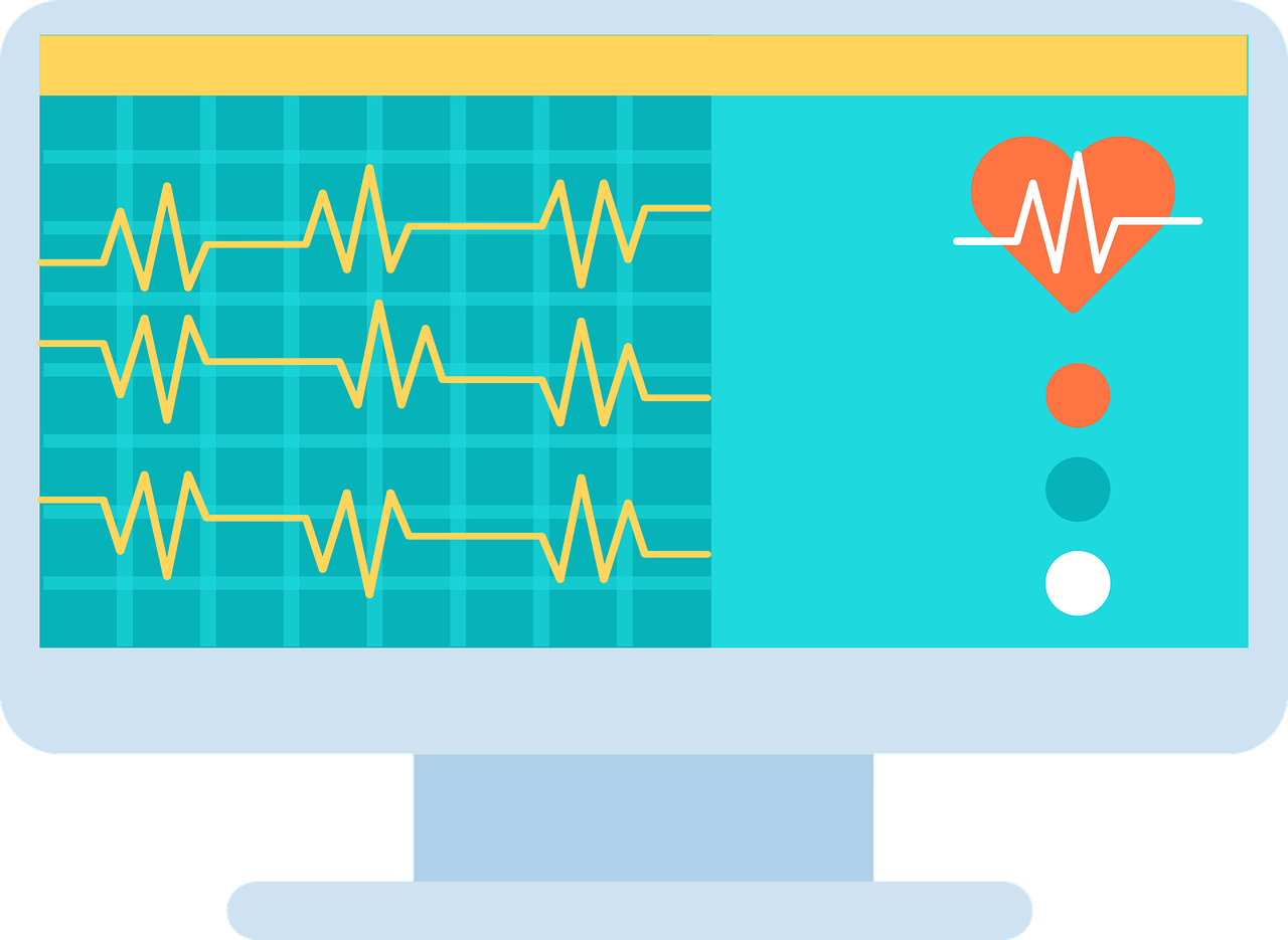 Gezeichneter Bildschirm mit gelben EKG-Überwachungslinien auf einem türkisen Hintergrund und einem Herz rechts und unterhalb einroter, türkiser und weißer Kreis.