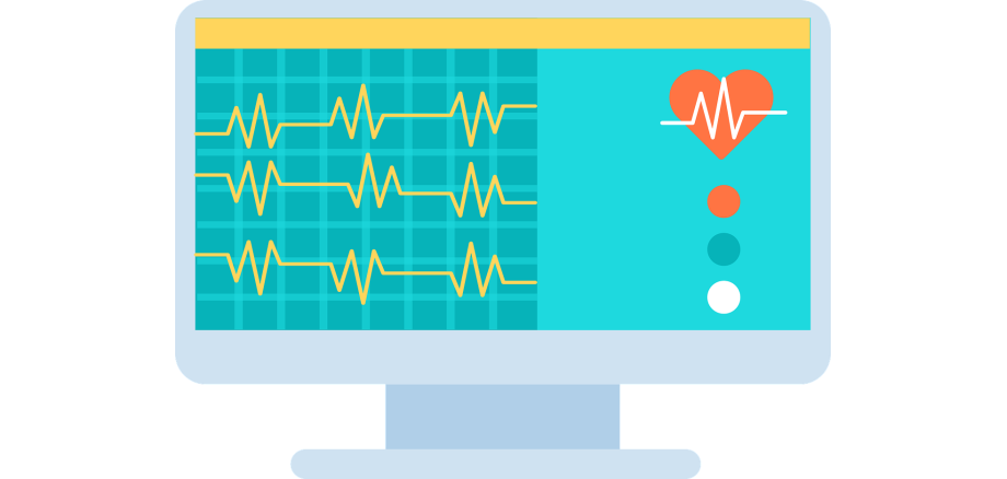 Gezeichneter Bildschirm mit gelben EKG-Überwachungslinien auf einem türkisen Hintergrund und einem Herz rechts und unterhalb einroter, türkiser und weißer Kreis.