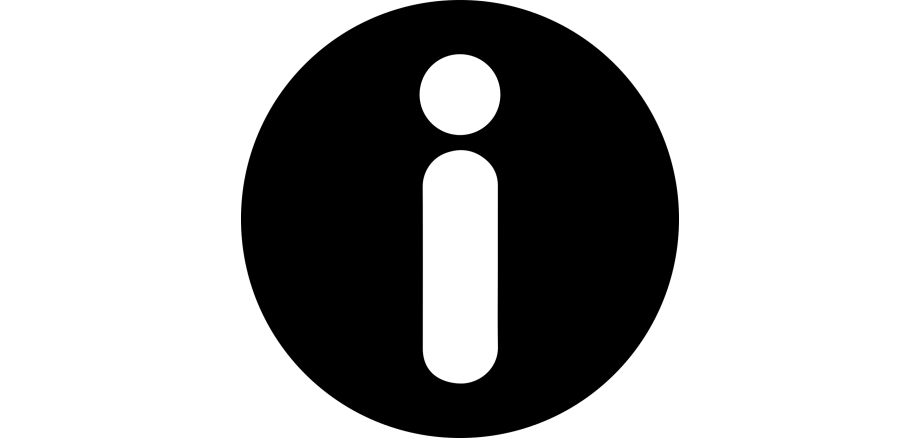 Auf einem weißen Hintergrund ist ein schwarzer Kreis, der ein weißes "i" beinhaltet, d.h. es ist ein weißer Kreis und ein weißer abgerundeter Strich, abgebildet.