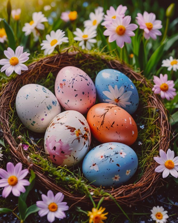 Sechs bunte Eier, mit Sprenkeln und weißen Blumen und braunen Ästen bemalt, liegen in einem Osternest mit Zweigen und Moos. Drum herum sind weiße und rosa Gänseblümchen.