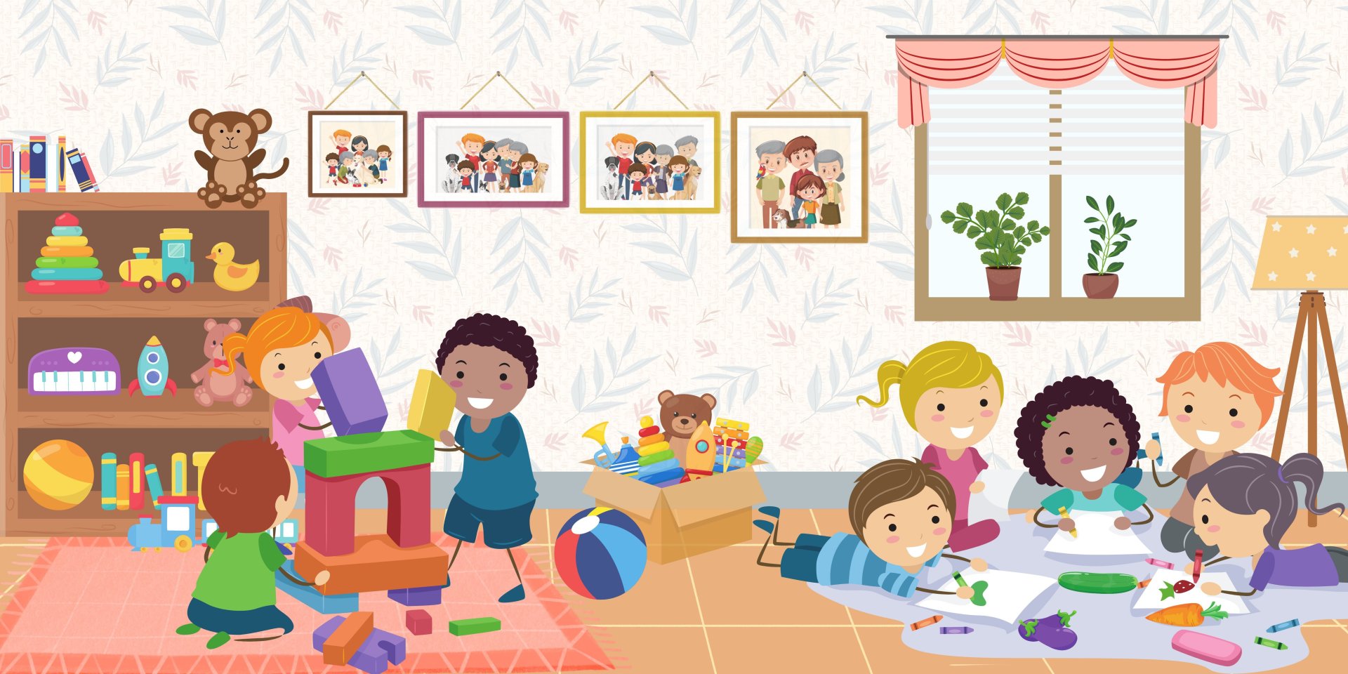 Gezeichnetes Bild. Es zeigt ein Spielzimmer mit 5 Kindern , die auf dem Boden liegen und malen. 3 weitere Kinder bauen einen Turm mit Bauklötzen. 