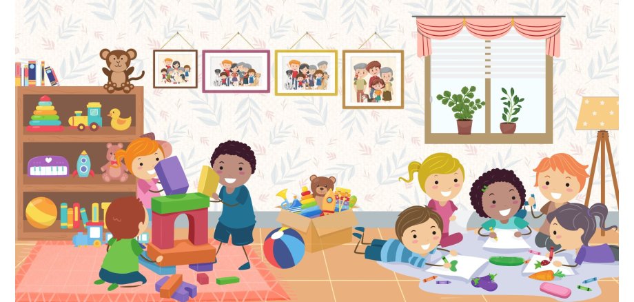 Gezeichnetes Bild. Es zeigt ein Spielzimmer mit 5 Kindern , die auf dem Boden liegen und malen. 3 weitere Kinder bauen einen Turm mit Bauklötzen.