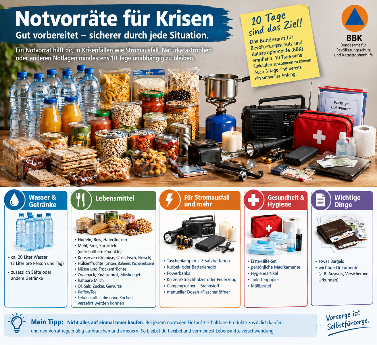 Ein Tisch, auf dem verschiedene Vorräte stehen, u.a. Wasserflaschen, Saftflaschen, Tüten und Dosen mit Reis, Nudeln, Saucen, Bohnen, eine brennende Kerze, Toilettenpapier, ein Radio, Gaskocher, Batterien, eine Taschenlampe, wichtige Dokumente und darunter fünf Kästchen, mit unterschiedlichen Kategorien und Unterpunkten.