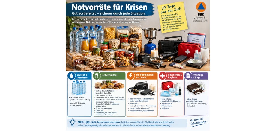 Ein Tisch, auf dem verschiedene Vorräte stehen, u.a. Wasserflaschen, Saftflaschen, Tüten und Dosen mit Reis, Nudeln, Saucen, Bohnen, eine brennende Kerze, Toilettenpapier, ein Radio, Gaskocher, Batterien, eine Taschenlampe, wichtige Dokumente und darunter fünf Kästchen, mit unterschiedlichen Kategorien und Unterpunkten.