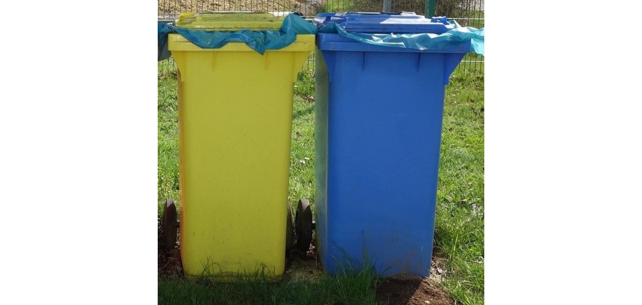 Auf einer Wiese steht eine gelbe Tonne und rechts davon eine blaue Tonne. Beide Tonnen haben blaue Müllsäcke in sich.