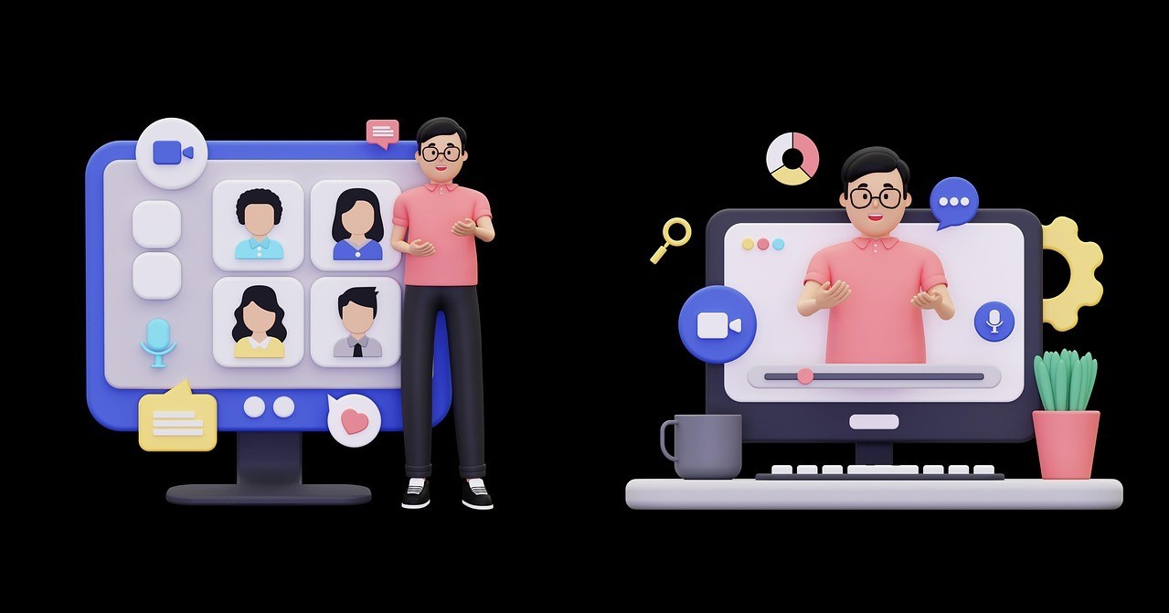 Vor einem schwarzem Hintergrund steht gezeichnet ein Bildschirm mit vier Kacheln mit Menschen ohne Augen, Nase und Mund und die Symbole für Kamera, Mikrofon, ein Herz und Text. Vor dem Bildschirm steht ein Mann mit schwarzer Brille, lachsfarbenem Poloshirt und einer schwarzen Hose. Rechts daneben steht eine Topfpflanze und eine graue Kaffeetasse neben einer Tastatur und einem Bildschirm mit LAutsprecher-Regler und dem Oberkörper des gleichen Mannes. Um den Bildschirm rum sind ebenso Sprech-, Kamera- und Mikrofon-Symbole.