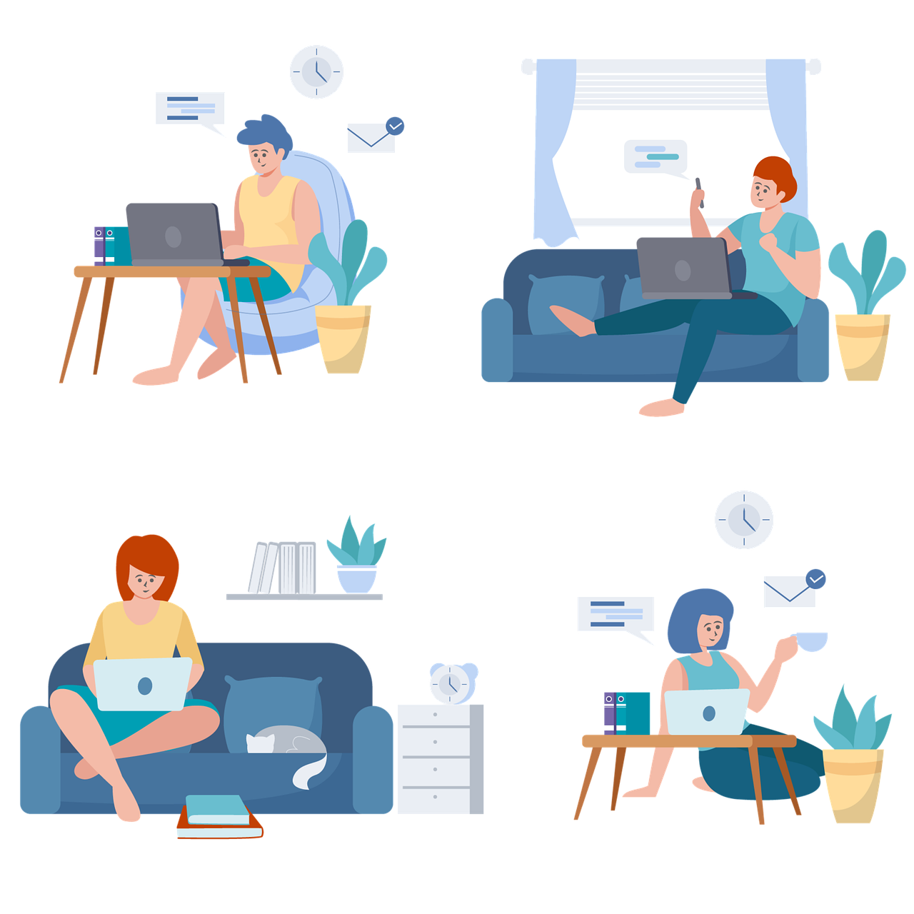 Vier gezeichnete Bilder. Oben links sitzt ein Mann in Shirt und kurzer Hose auf einem blauem Sessel an einem Tisch auf dem ein aufgeklappter Laptop steht. Rechts davon sitzt eine Person auf einem blauen Sofa vor einem Fenster mit blauen Vorhängen und hat ein Handy in der Hand und ein Laptop auf dem Bein, Darunter ist eine Frau, die auf dem Boden kniet und vor ihr steht ein ovaler Holztisch mit einem aufgeklappten Laptop. Links davon sitzt eine Frau auf einem blauem Sofa und hat einen aufgeklappten Laptop auf dem Schoss. Links von Ihr liegt eine graue Katze auf dem Sofa vor einem Kissen.