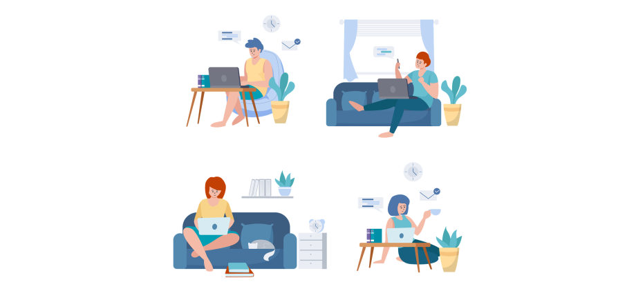 Vier gezeichnete Bilder. Oben links sitzt ein Mann in Shirt und kurzer Hose auf einem blauem Sessel an einem Tisch auf dem ein aufgeklappter Laptop steht. Rechts davon sitzt eine Person auf einem blauen Sofa vor einem Fenster mit blauen Vorhängen und hat ein Handy in der Hand und ein Laptop auf dem Bein, Darunter ist eine Frau, die auf dem Boden kniet und vor ihr steht ein ovaler Holztisch mit einem aufgeklappten Laptop. Links davon sitzt eine Frau auf einem blauem Sofa und hat einen aufgeklappten Laptop auf dem Schoss. Links von Ihr liegt eine graue Katze auf dem Sofa vor einem Kissen.