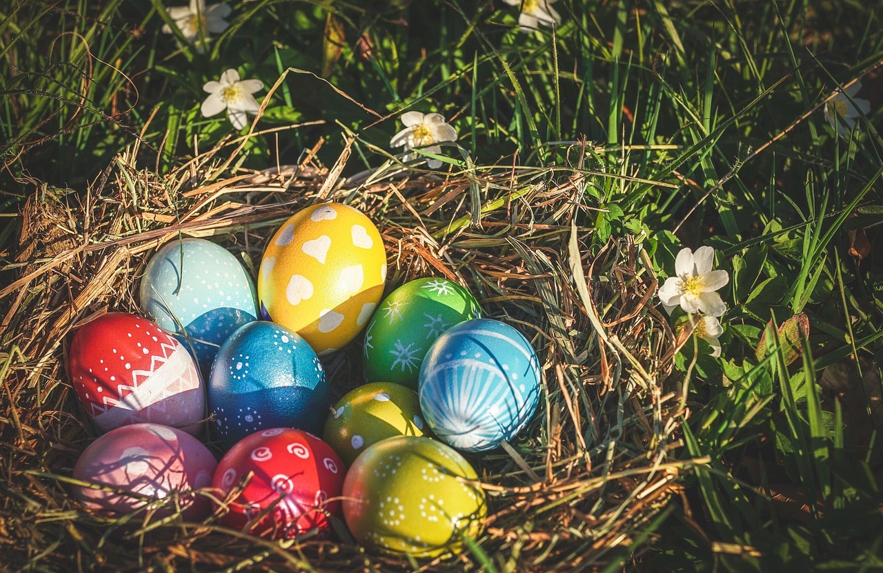 Auf einer grünen Wiese mit fünf kleinen weißen Blüten mit gelber Mitte, liegt ein Nest aus Stroh, in dem zehn farbige Eier liegen.