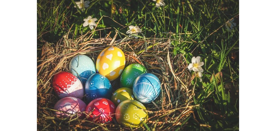 Auf einer grünen Wiese mit fünf kleinen weißen Blüten mit gelber Mitte, liegt ein Nest aus Stroh, in dem zehn farbige Eier liegen.