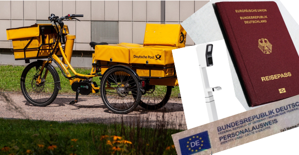 Links ist ein Postdreirad auf einem Schotterweg hinter einer Wiese mit gelben Blumen abgebildet, daneben eine Reisepass und ein Ausschnitt eines Personalausweises und eine Kamera, mit der Bilder für Ausweise aufgenommen werden können. 