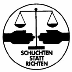 Ein schwarz-weißes Bild, auf dem ein Kreis abgebildet ist. In dem Kreis ist eine Waage, bei dem die hängenden Schalen auf gleicher Höhe hängen. Zwei Hände sind kurz davor, sich die Hand zu reichen. Unter dem Fuss der Waage steht in schwarzen Buchstaben "schlichten statt richten".