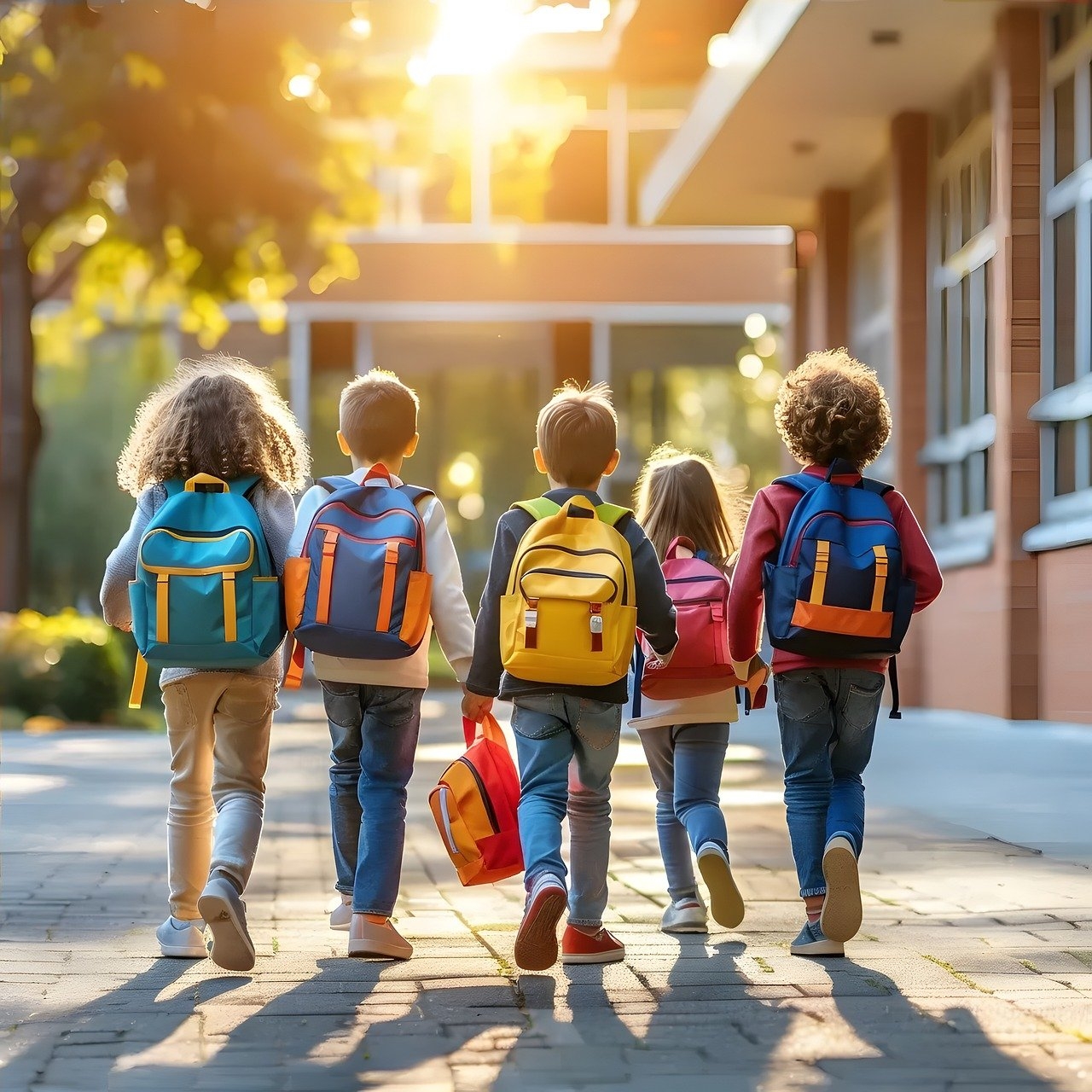 Fünf Grundschüler mit Rucksack auf dem Rücken laufen nebeneinander einen gepflasterten Weg entlang zu einem Schulgebäude. Man sieht die Rücken. 