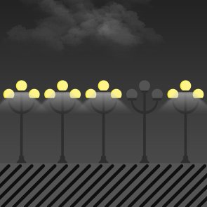 Auf einem grauem Weg, der schwarze Querstreifen hat, stehen fünf, dreiarmige Straßenlaternen. Die drei runden Lampen der zweiten Straßenlaterne von rechts sind aus. Die anderen 12 Lampen leuchten und werfen einen Lichtkegel nach unten. Der Himmel ist dunkel mit dunkelgrauen Wolken.