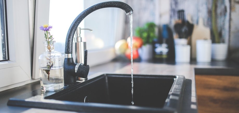 Ein rechteckiges Spülbecken in schwarz mit weißen Sprenkeln mit einem laufendem Wasserhahn in den gleichen Farben. Dahinter steht rechts vom Wasserhahn ein silbernes Gefäß zum Drücken mit Flüssigseife und links vom Wasserhahn einer durchsichtigen Vase mit einer lila Blüte. Dahinter befindet sich ein gekipptes Fenster und im L-Bereich der Arbeitsplatte ist verschwommen ein langer Kaktus, ein Schneidebrett, weiße Gefäße, rote Äpfel in einer Schale und grünes Basilikum in einem weißen Blumentopf zu sehen.