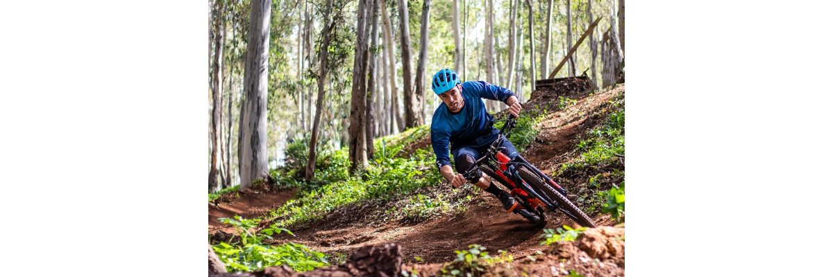 In einem Wald fährt ein Mann auf seinem rotem Mountainbike auf einem schmalem hügeligen Waldweg. Er trägt ein blaues Shirt und eine blaue Hose und einen blauen Fahrradhelm.