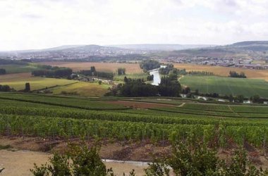 Blick auf die Weinberge und Felder von  Hautvillers. In der Mitte ist ein Fluss und im Hintergrund Berge und ein heller Himmel mit Wolken.