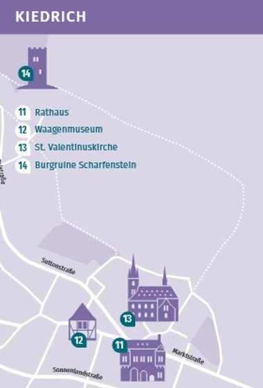 Teilausschnit des Flyer Rheingau Geflüster aus Kiedrich in lila mit den Symbolen Scharfenstein, Basilika minor, Michaelskapelle und kleinstes Waagenmuseum. 