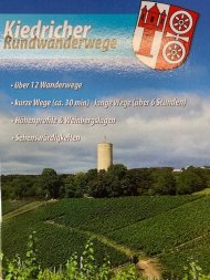Vorne sind Weinberg und dahinter grüne, belaubte Bäume und in der Mitte die Burgruine Scharfenstein. Dahinter ist ein blauer Himmel mit weißen Wolken. Rechts oben ist das rot-weiße Kiedricher Wappen mit dem Doppelrad und der Burg Scharfenstein und im Feld des Himmels der Titel und eine Beschreibung der Wanderkarte.