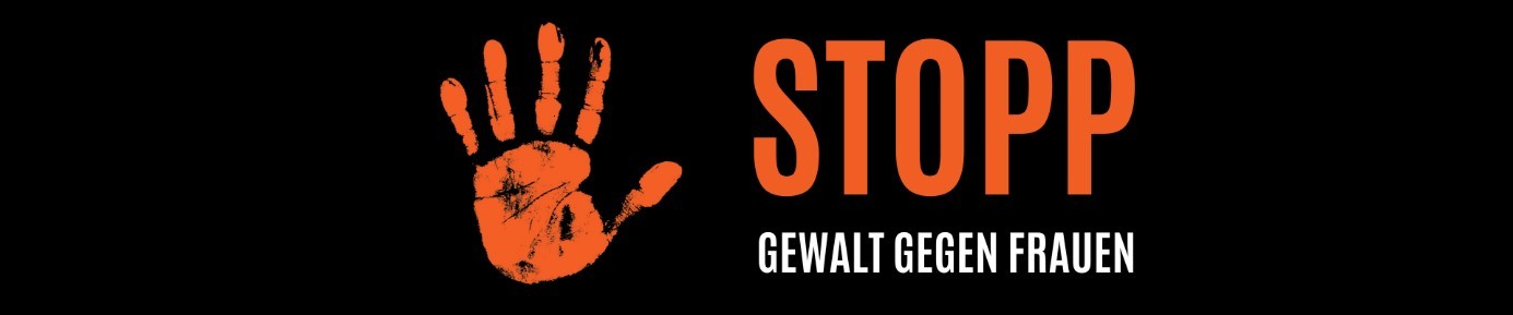 roter Händeabdruck auf schwarzem Hintergrund links von dem roten Schriftzug STOPP und den weißen Buchstaben Gewalt gegen Frauen  