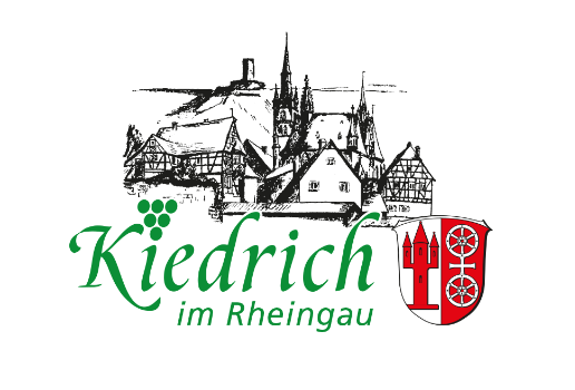 Logo Kiedrich im Rheingau Das Logo der Gemeinde Kiedrich. In grüner Schrift steht Kiedrich im Rheingau. Kiedrich ist mit geschwungener Schrift und der "i" Punkt ist eine Traube und "im Rheingau" steht unterhalb. Rechts davon ist das Wappen in rot/weiß. Der rote Turm auf weißem Hintergrund mit drei Dächern und zwei Seitentürmen links und rechts und vier Fenstern. Rechts davon das weiße mit einem Kreuz verbundene Doppelrad auf rotem Hintergrund. Oberhalb der Schriftsind in schwarz verschiedene Fachwerkhäuser und Häuser sowie die Kirche St. Valentinus und Dionysius und auf einem Berg der Turm der Burgruine Scharfenstein gezeichnet.