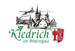 Das Logo der Gemeinde Kiedrich. In grüner Schrift steht Kiedrich im Rheingau. Kiedrich ist mit geschwungener Schrift und der "i" Punkt ist eine Traube und "im Rheingau" steht unterhalb. Rechts davon ist das Wappen in rot/weiß. Der rote Turm auf weißem Hintergrund mit drei Dächern und zwei Seitentürmen links und rechts und vier Fenstern. Rechts davon das weiße mit einem Kreuz verbundene Doppelrad auf rotem Hintergrund. Oberhalb der Schriftsind in schwarz verschiedene Fachwerkhäuser und Häuser sowie die Kirche St. Valentinus und Dionysius und auf einem Berg der Turm der Burgruine Scharfenstein gezeichnet.