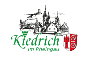 Logo Kiedrich im Rheingau Das Logo der Gemeinde Kiedrich. In grüner Schrift steht Kiedrich im Rheingau. Kiedrich ist mit geschwungener Schrift und der "i" Punkt ist eine Traube und "im Rheingau" steht unterhalb. Rechts davon ist das Wappen in rot/weiß. Der rote Turm auf weißem Hintergrund mit drei Dächern und zwei Seitentürmen links und rechts und vier Fenstern. Rechts davon das weiße mit einem Kreuz verbundene Doppelrad auf rotem Hintergrund. Oberhalb der Schriftsind in schwarz verschiedene Fachwerkhäuser und Häuser sowie die Kirche St. Valentinus und Dionysius und auf einem Berg der Turm der Burgruine Scharfenstein gezeichnet.