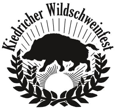 In schwarz-weiß ist das Logo des Kiedricher Wildschweinfestes, oben genannt und unten sind halbkreisförmig vier Lorbeerzweige. Darüber ist ein weißer Kreis, von dem schwarze Strahlen nach oben abgehen. Vor den Strahlen ist ein schwarzes Wildschwein gezeichnet.
